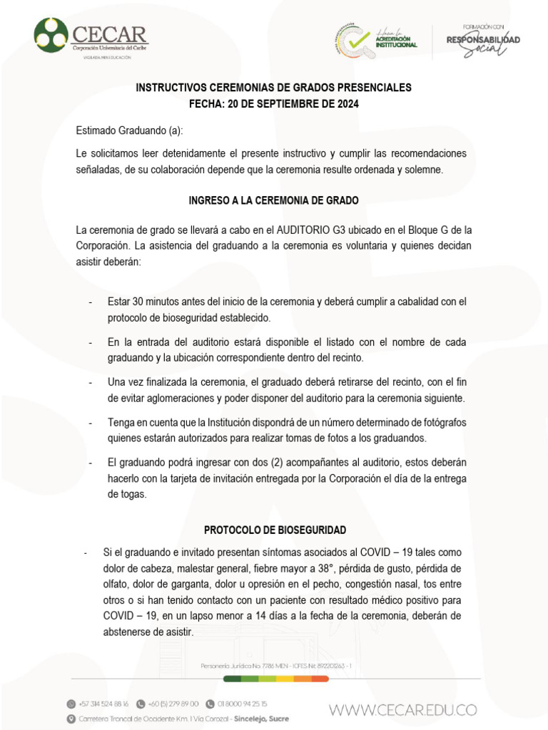 Instructivos para Ceremonia de Grado 20 de Septiembre de 2024 | PDF