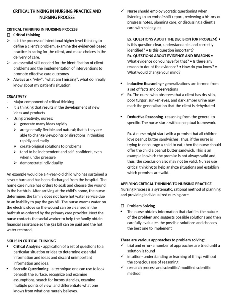 Critical Thinking in Nursing Practice and Nursing Process | PDF
