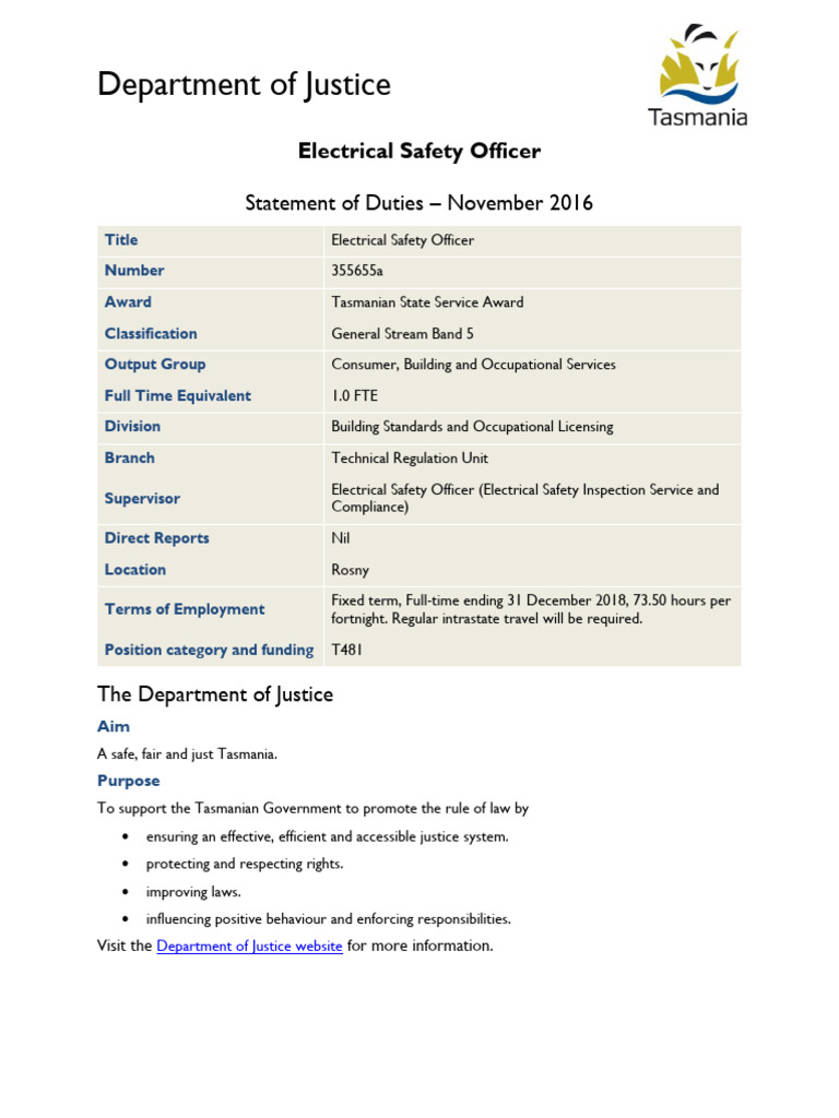 Statement of Duties (355655a) Electrical Safety Officer PDF