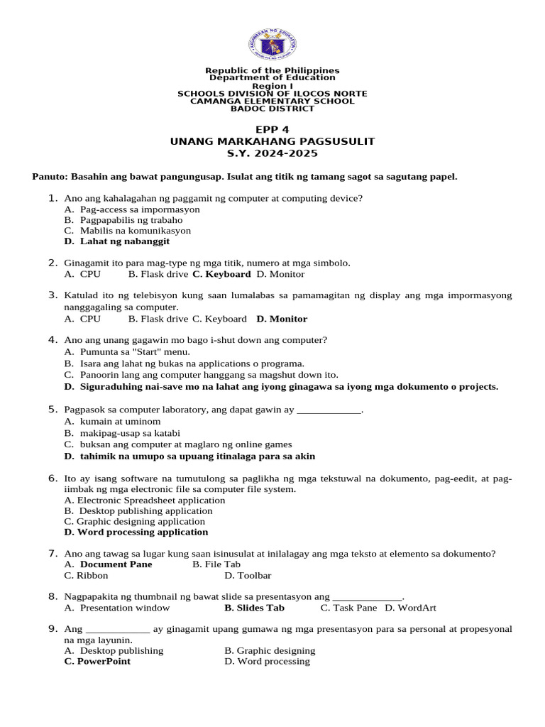 Matatag Epp 4 1ST Periodical Test | PDF