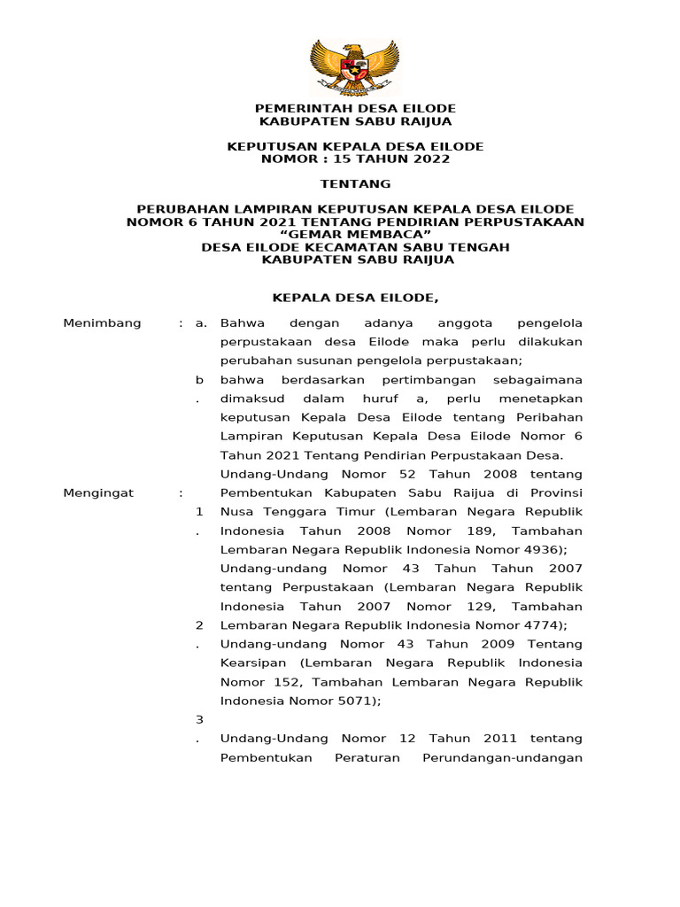 Contoh Sk Kepala Desa Pendirian Perpustakaan Desa Pdf