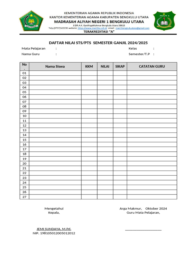 Format Daftar Nilai STS - PTS | PDF