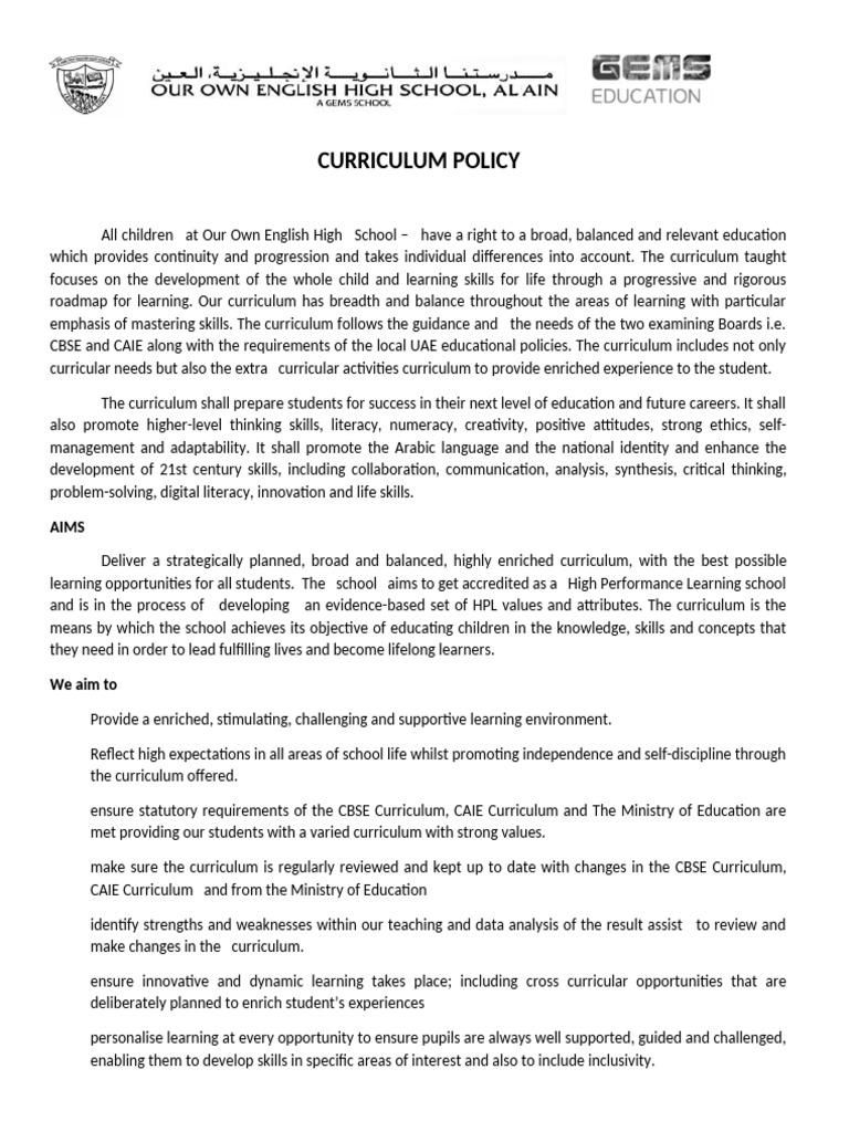 Curriculum Policy Final 2024-2025 (51227) | PDF