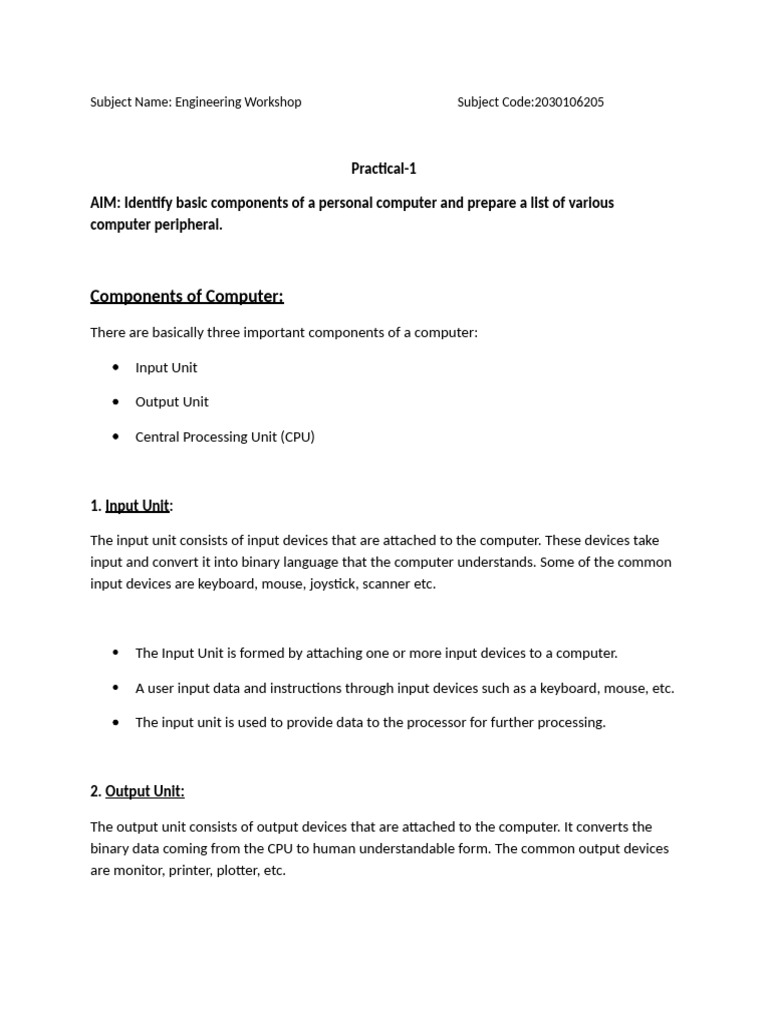 Practical-1 Engineering Workshop | PDF | Input/Output | Printer (Computing)