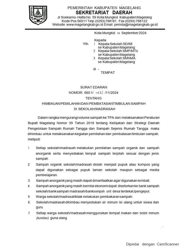 Surat Edaran Pembatasan Sampah Di Sekolah | PDF