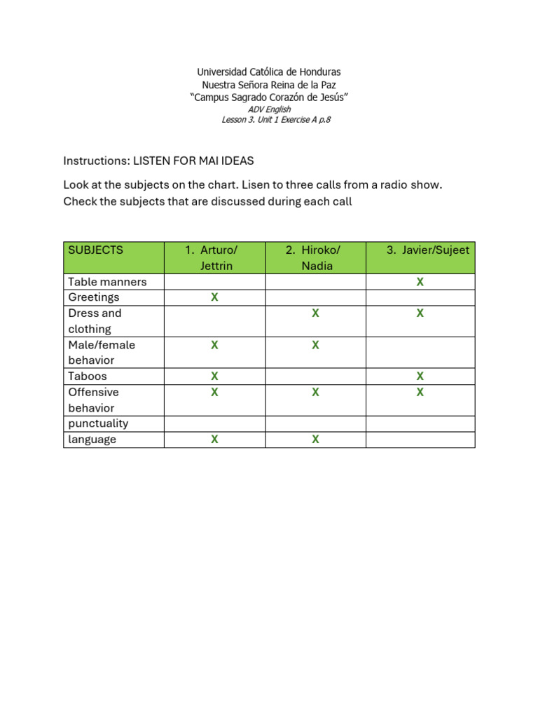 Lesson 3. Unit 1 Exercise A Roberto Posadas Paz | PDF