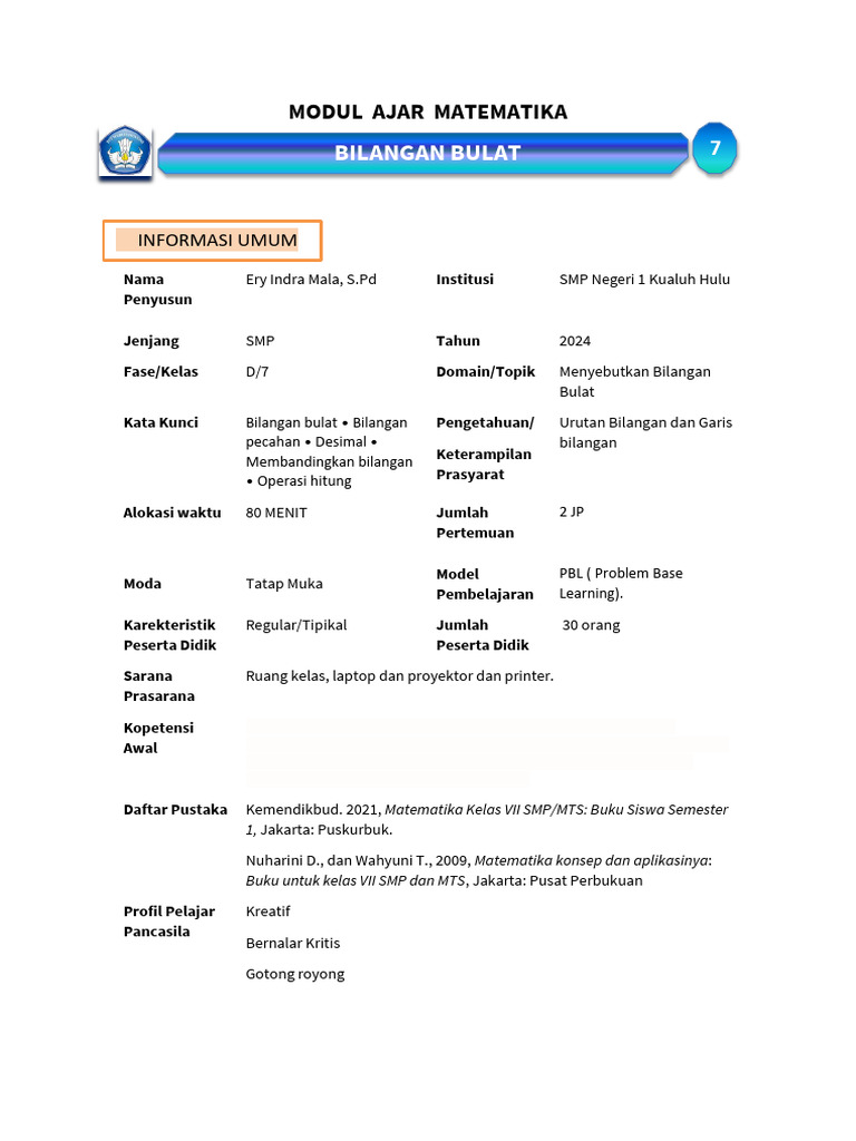 Modul Ajar Matematika KLS 7 2024 | PDF
