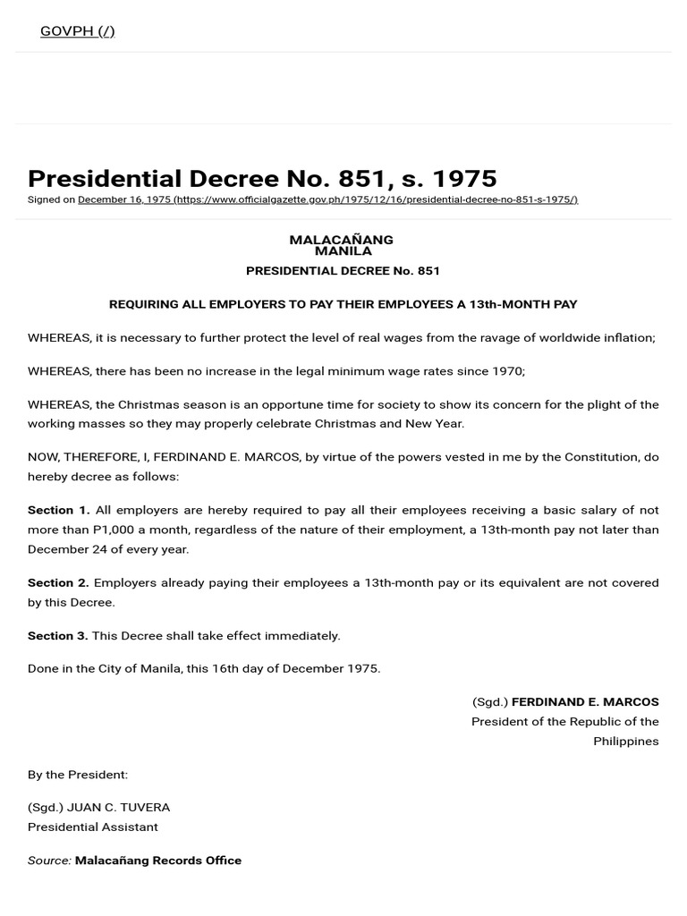Presidential Decree No. 851, S. 1975 - Official Gazette of The Republic ...