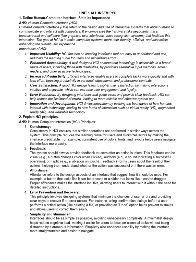 UNIT 1 HCI COMPRESSED PYQ Notes New College | PDF