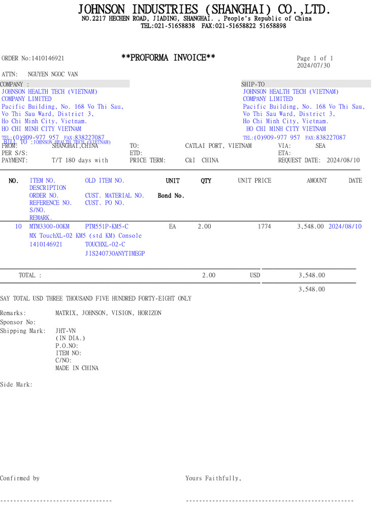 Proforma Invoice : Tel: Fax: Tel: Fax: Johnson Health Tech (Vietnam) | PDF