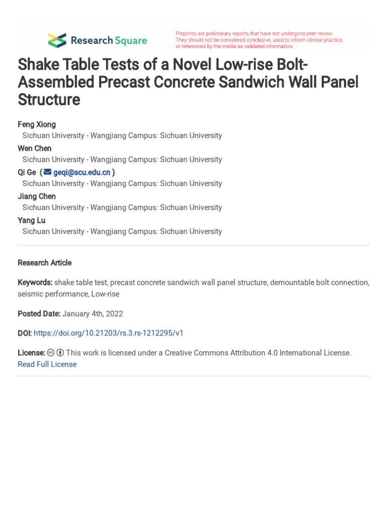 Shake Table Tests of A Novel Low-Rise Bolt-Assembl | PDF