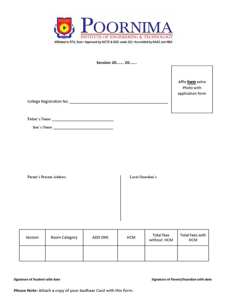 HOSTEL FORM-PIET - Student | PDF