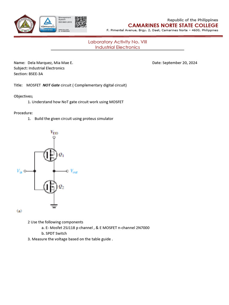 MOSFET NOT Gate Circuit Lab Guide | PDF | Field Effect Transistor | Mosfet
