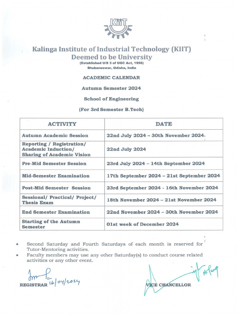 3rd Semester B.Tech Academic Calendar | PDF