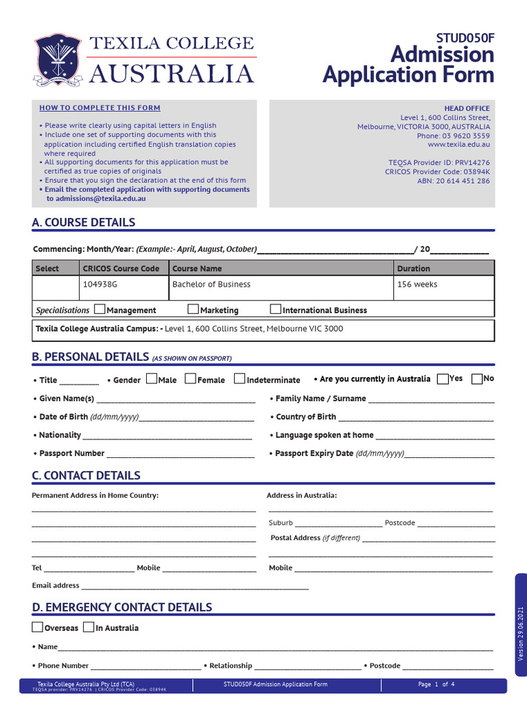STUD050F TEXILA ADMISSION APPLICATION FORM Update 30.6.2021 | PDF ...