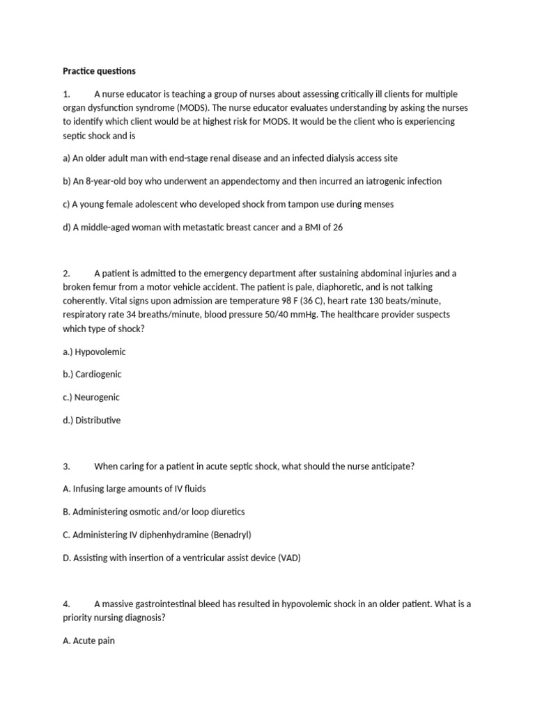 Sepsis and Shock: Nursing Practice Questions | PDF | Shock (Circulatory ...