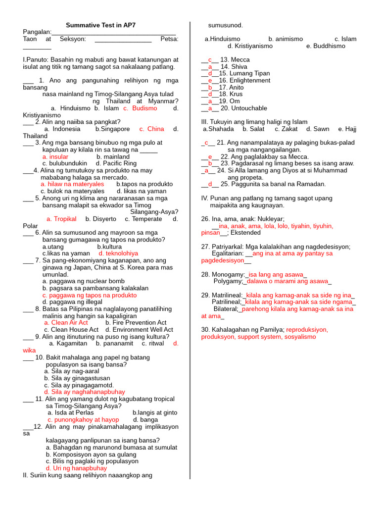 Summative Test in AP7 With ANSWER KEY | PDF