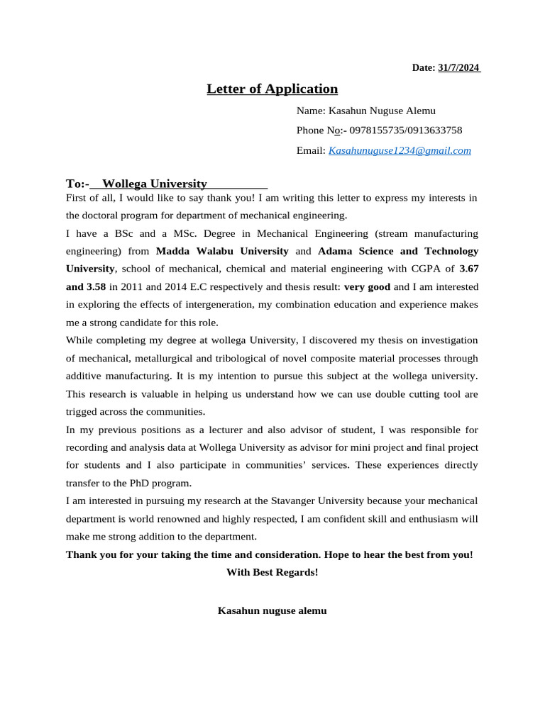 PhD Application in Mechanical Engineering | PDF