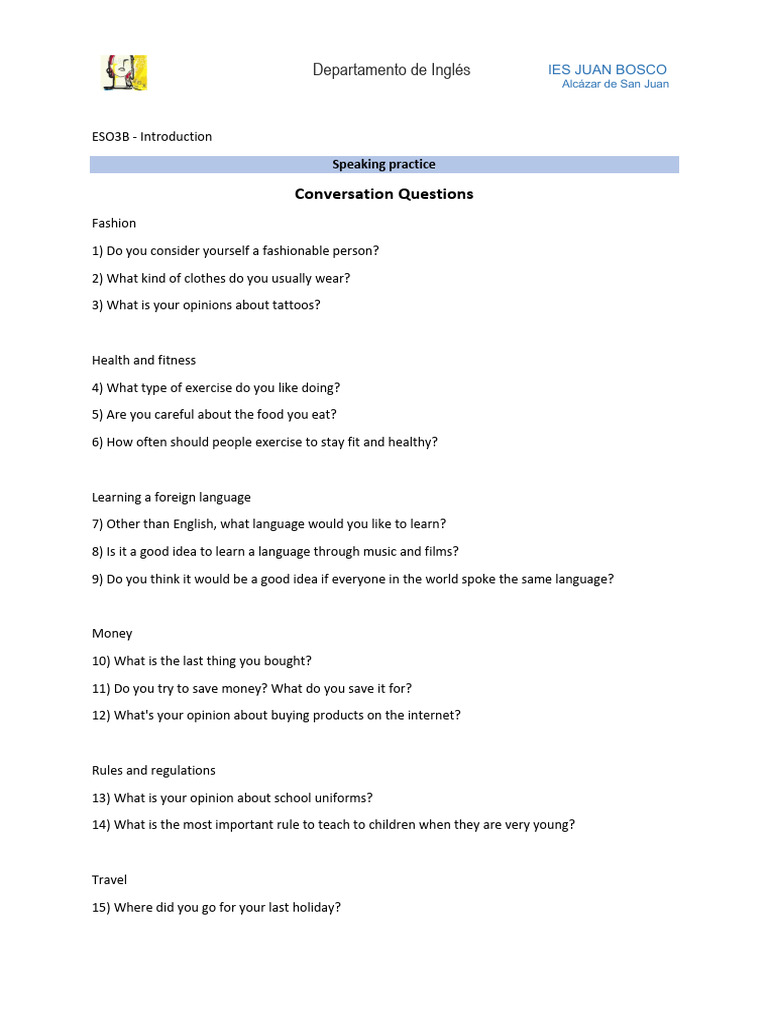 Eso3b Conversation Topics Guide Pdf Wellness