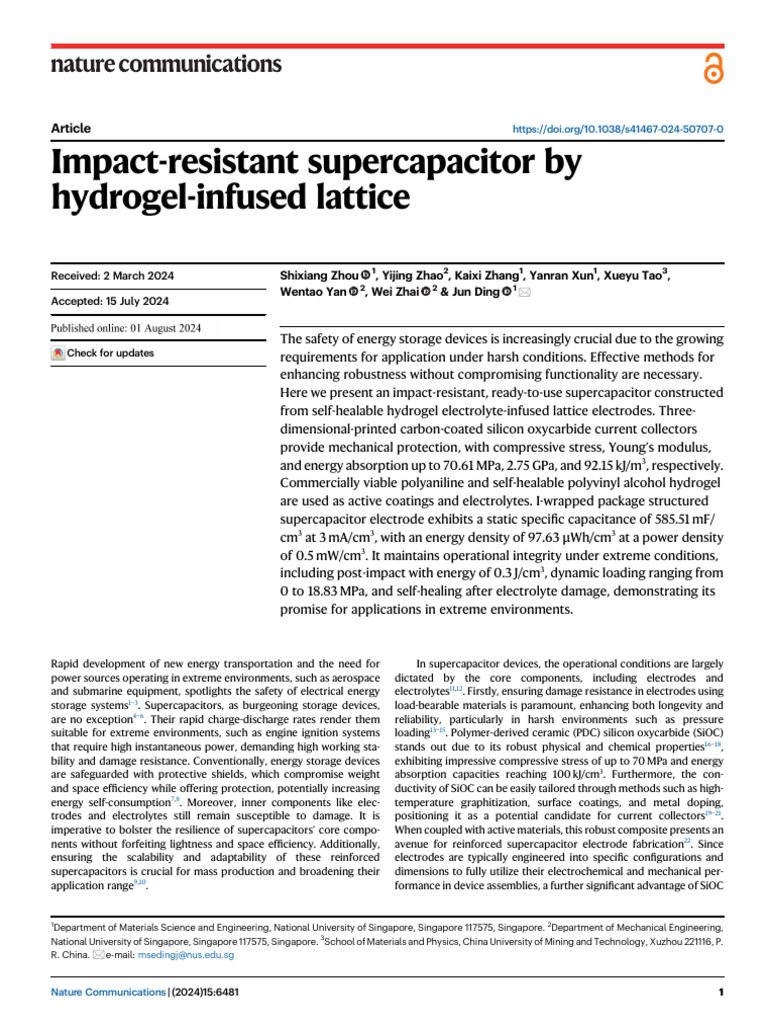 Impact-Resistant Supercapacitor by Hydrogel-Infused Lattice: Article | PDF