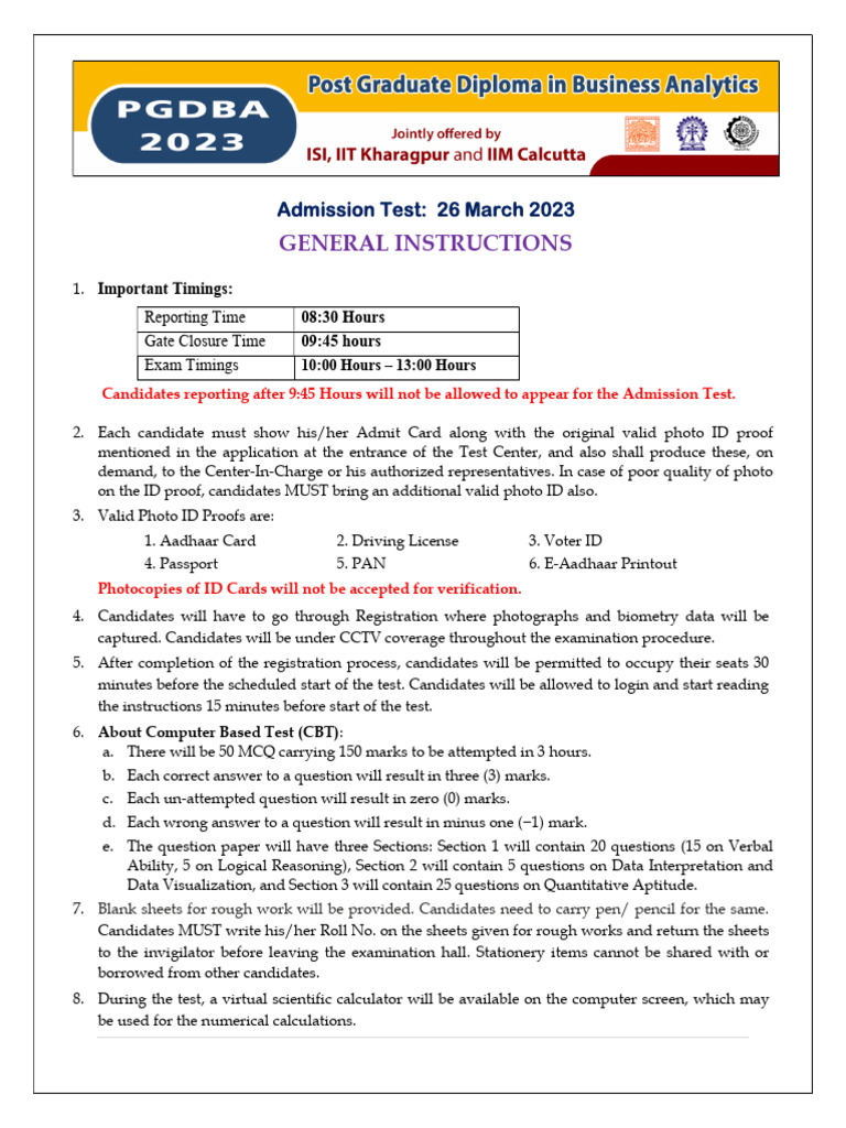 PGDBA 2023 General Instructions | PDF