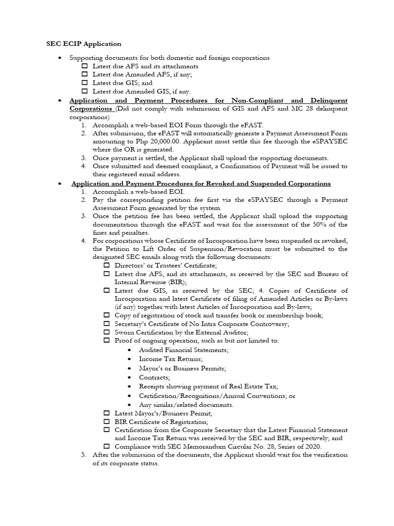 SEC ECIP, Closure of Business | PDF