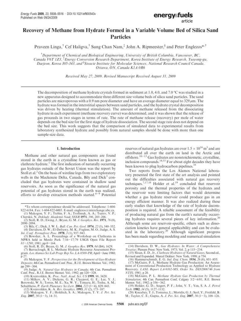 Linga Et Al 2009 Recovery of Methane From Hydrate Formed in A Variable ...