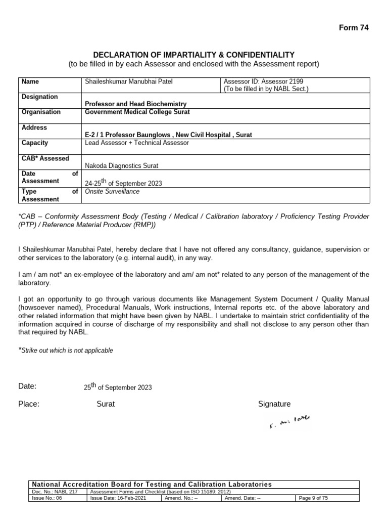 NABL Form 74: Assessor Declaration | PDF