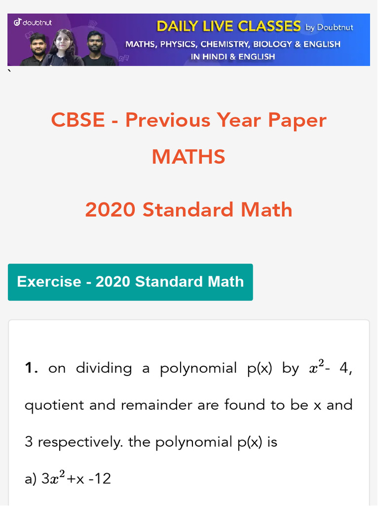 Cbse 10 Boards Maths Year 2020 Standard Math Doubtnut Previous Year ...
