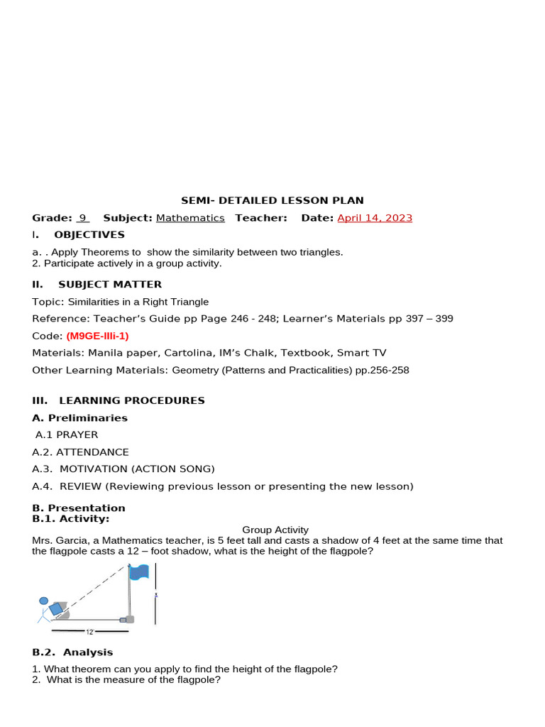 Triangle Similarity Lesson Plan for Grade 9 | PDF