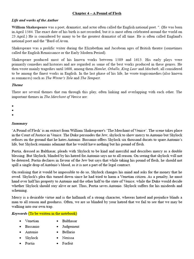 CH 4 - A Pound of Flesh - Notes | PDF