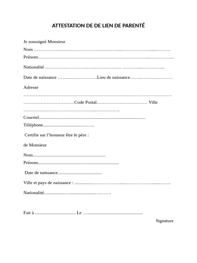 Attestation De De Lien De Parenté Pour L 1 Pdf