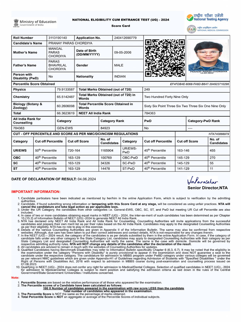 Neet - Ntaonline.in Frontend Web Scorecard Index | PDF