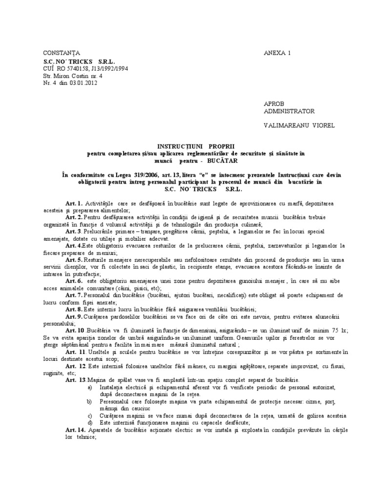 Instructiuni Proprii Bucatar | PDF
