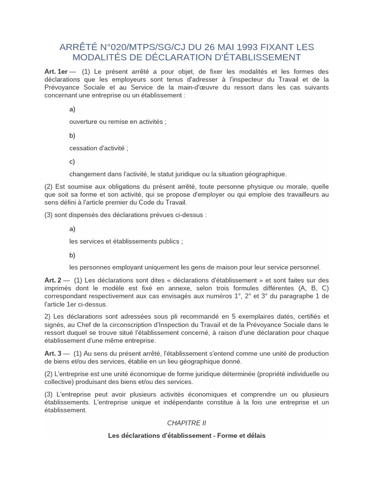 Arrete Portant Declaration D'ouverture D'établissement | PDF
