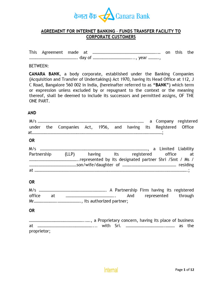 Canara Bank Internet Banking Agreement | PDF | Banks | Private Law