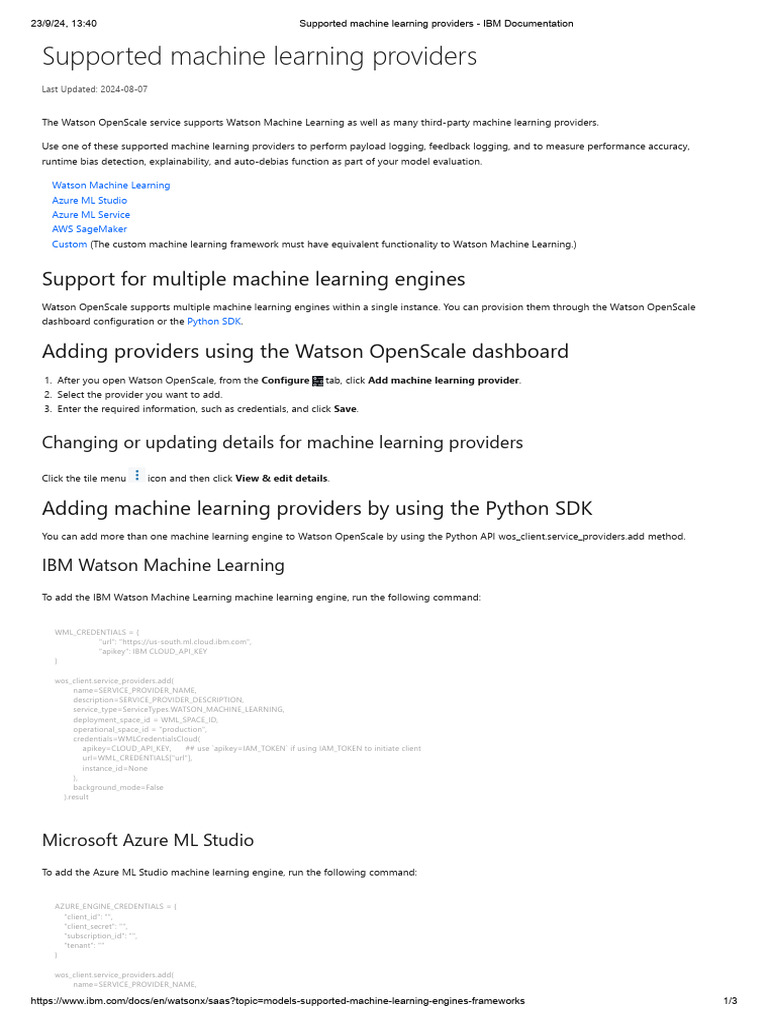 Supported Machine Learning Providers - IBM Documentation | PDF
