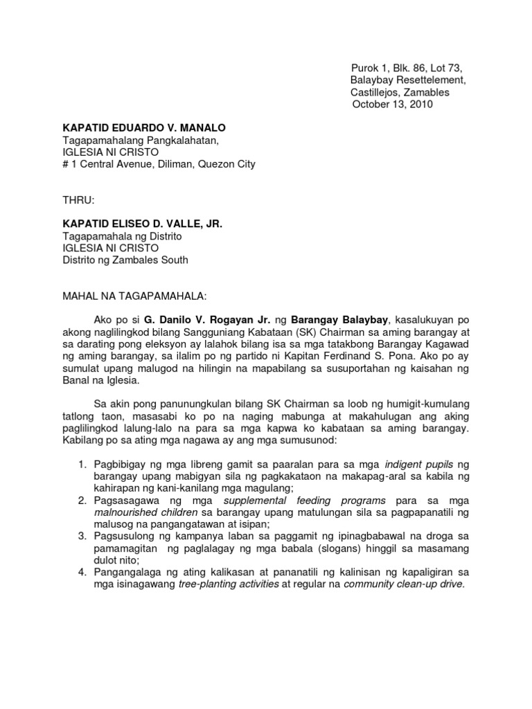 Letter of Intent to Iglesia Ni Cristo