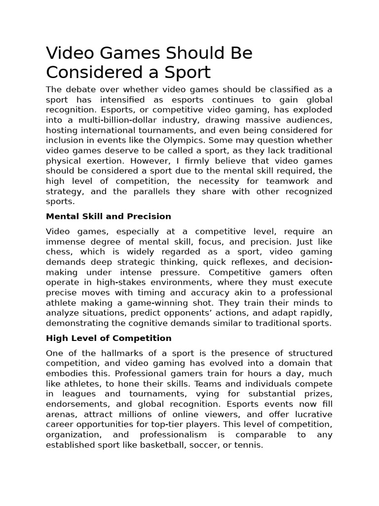 Video Games Should Be Considered A Sport PDF Sports Video Games 1