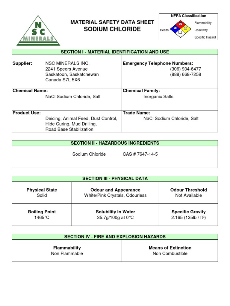 01 MSDS Sodium Chloride 10 PDF Sodium Chloride Materials