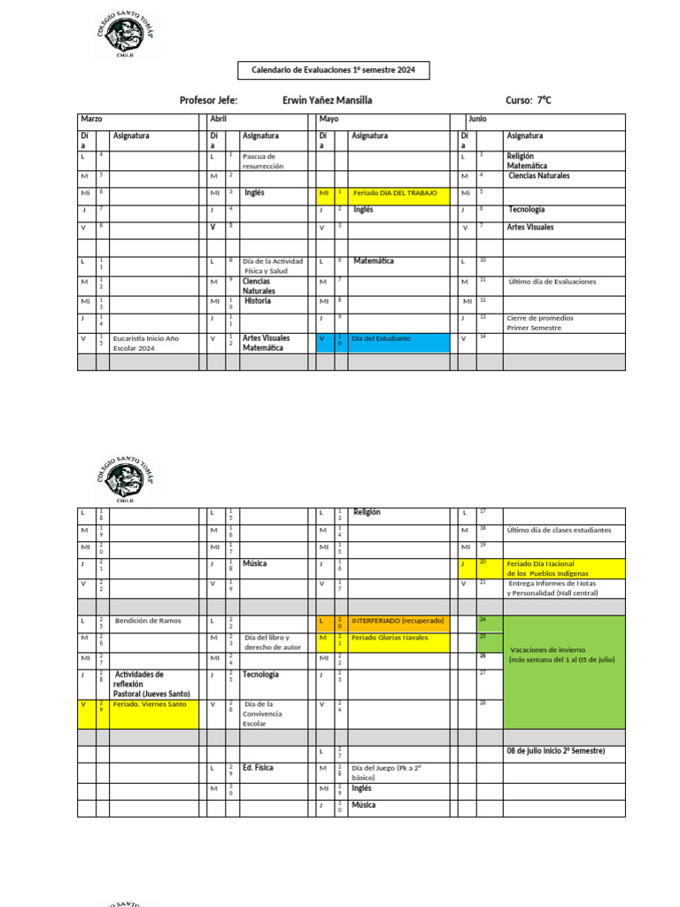 7C Calendario de Evaluaciones de Primer Semestre 2024 | PDF