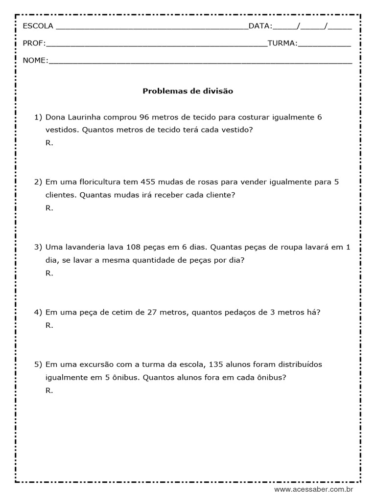 Problemas Divisao 4 Ano para Imprimir | PDF