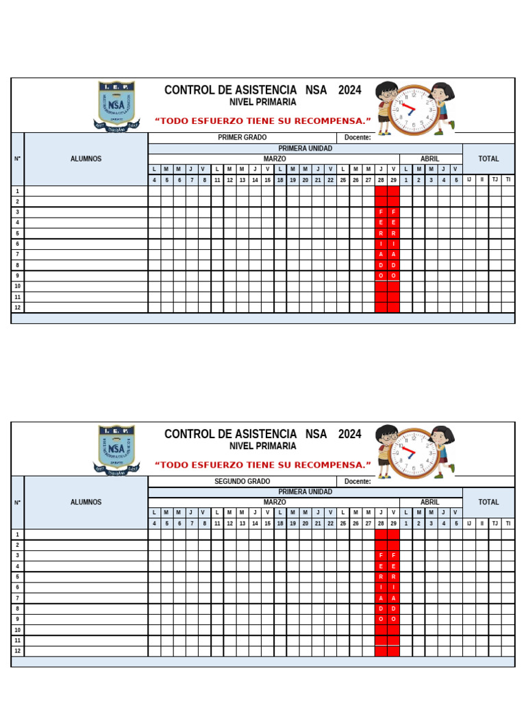 Control de Asistencia Primaria 1º A 6º Grado I Unidad Nsa 2024 | PDF