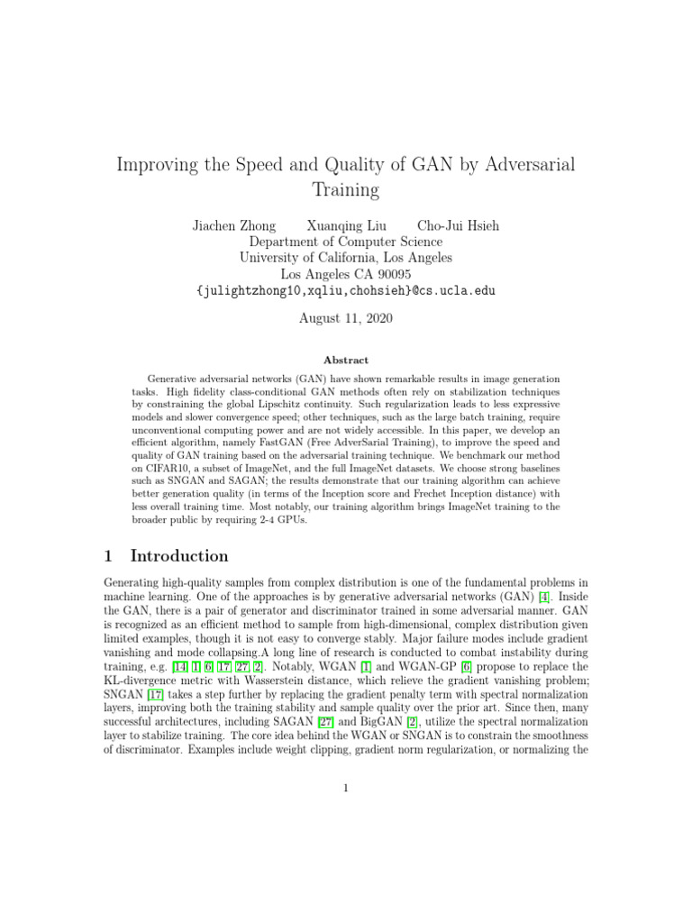 Improving The Speed and Quality of GAN by Adversarial Training | PDF