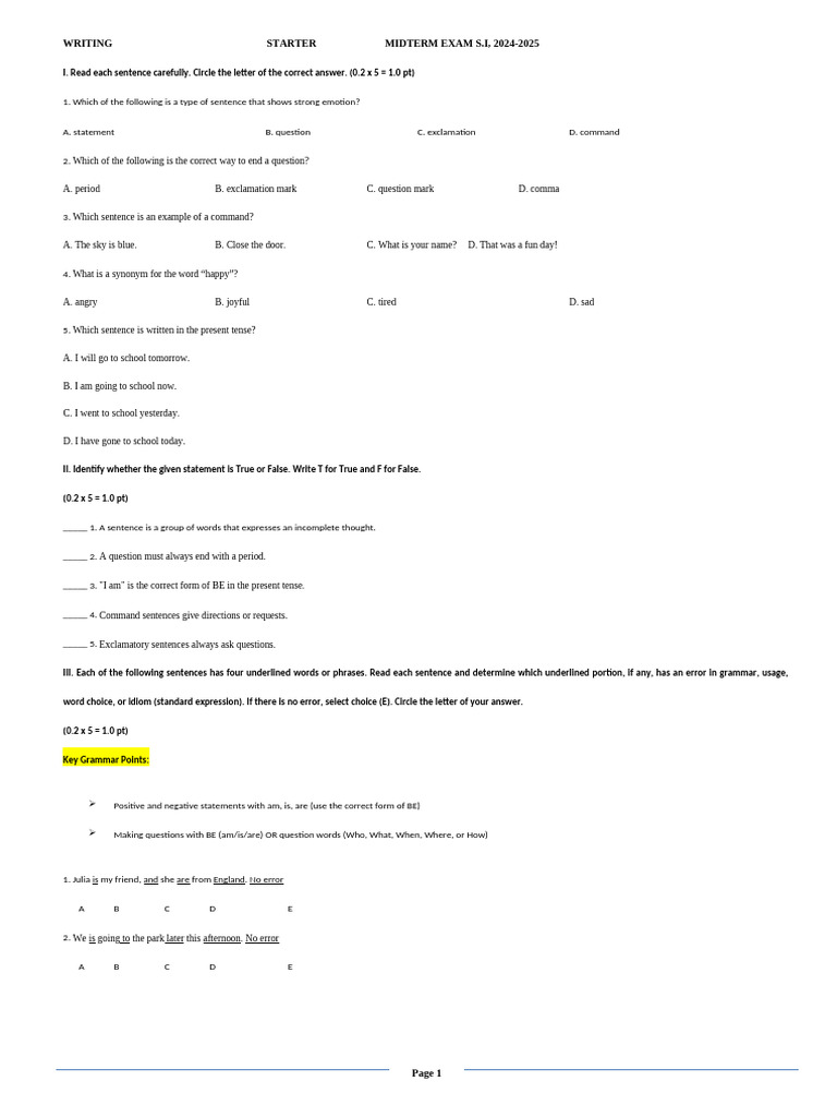 Exam Format - Starter Writing | PDF | Sentence (Linguistics) | Career ...
