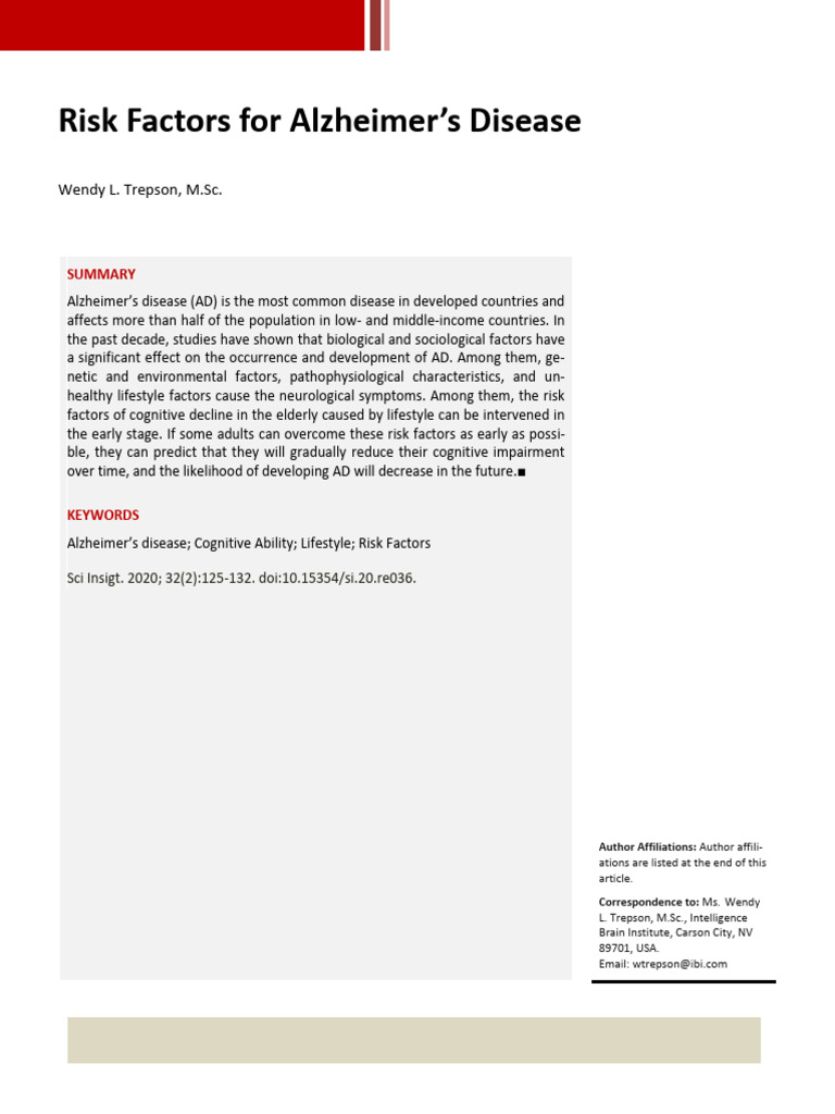 Risk Factors For Alzheimers Disease | PDF