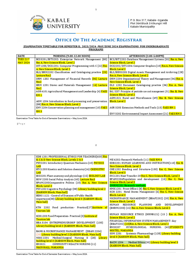 Examination Timetable For Semester II 2023 2024 | PDF