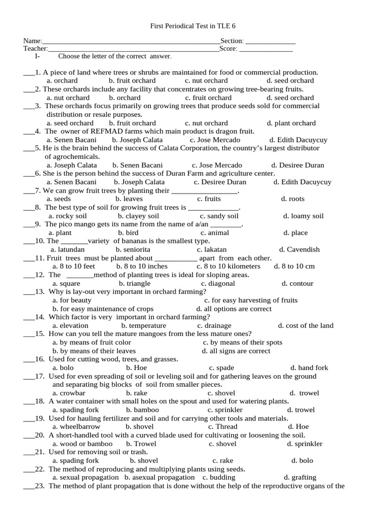 First Periodical Test in TLE 6 First Grading AGRICULTURE | PDF