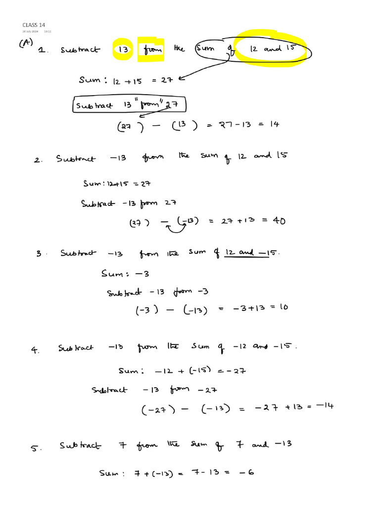 Class 14 Subtraction and Multiplication of Integers | PDF
