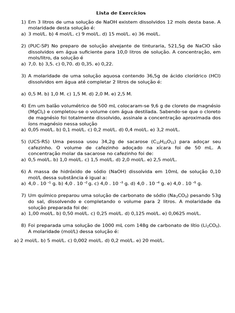 Exercícios de Molaridade em Soluções | PDF
